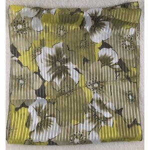 Vintage Sheer Floral Scarf – Green, White & Yellow Flowers w/ Metallic Stripes –